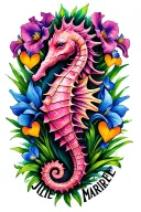 the name juliet marie with iris flowers, hearts, and a pink seahorse tattoo design idea