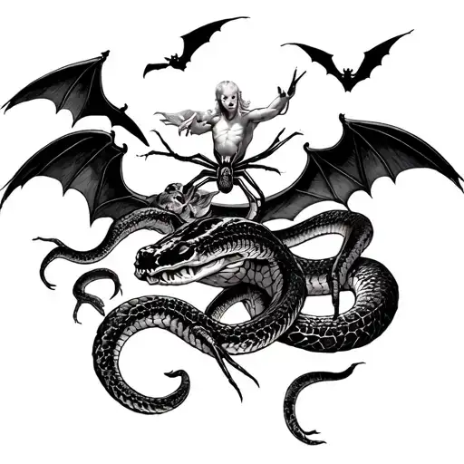 snake and spider with bats flying across and angel above them conquering all the bad (dark art shading sleeve) tattoo design idea