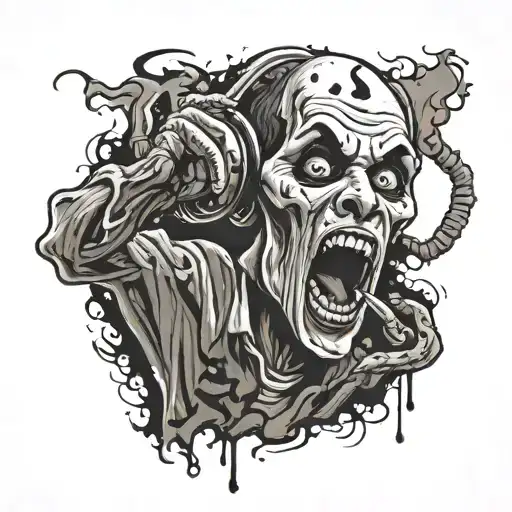 stoned scream character from scary movie film in smoke calling on the phone and graffiti style 3 letters JZM tattoo design idea