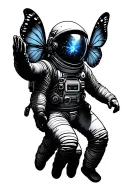 astronaut floating in space with his hand reaching out with the buttterfly-nebula reflecting in his visor tattoo design idea