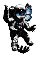 astronaut floating in space with his hand reaching out with the buttterfly-nebula reflecting in his visor tattoo design idea