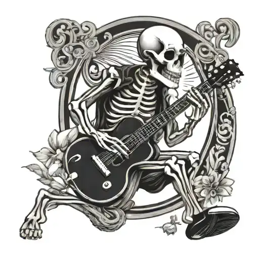 american traditional tattoo about a skeleton playing a guitar  tattoo design idea
