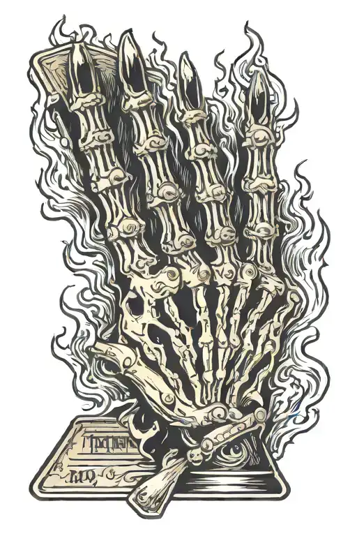 skeleton hand holding 3 tarot cards on fire  tattoo design idea