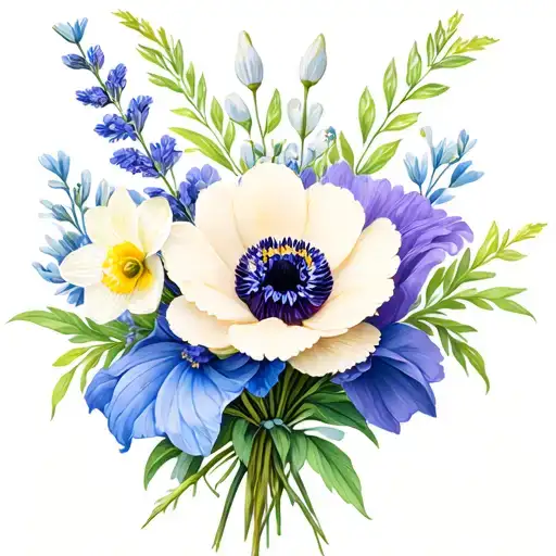 simple bouquet of a anemone, hyssop blooms, olive branch, snow drops, narcissus and sweet pea tattoo design idea