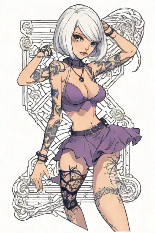 Sexy Petite Girl white short bob hairstyle, revealing clothes, big boobs, purple eyes, wide hips Slutty. gothic pin-up  tattoo design idea