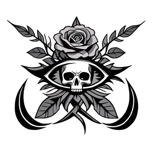 eye of horus with skull and rose behind it surrounded by tribal viking patern tattoo design idea