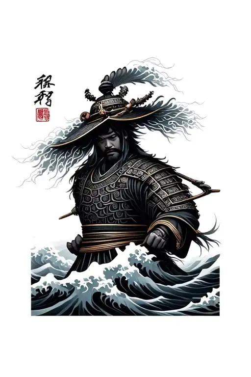 japanese wave pattern with samurai tattoo design idea