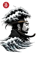 japanese wave pattern with samurai tattoo design idea