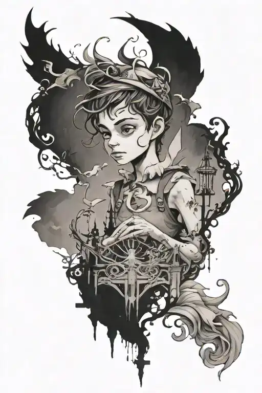 I am the voice of Never-Never-LandThe innocence, the dreams of every manI am the empty crib of Peter Pan on ripped paper tattoo design idea