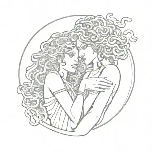 two lesbian huggin medusa style, greek and style like a tarot card with the frame and the numer 7 on top tattoo design idea