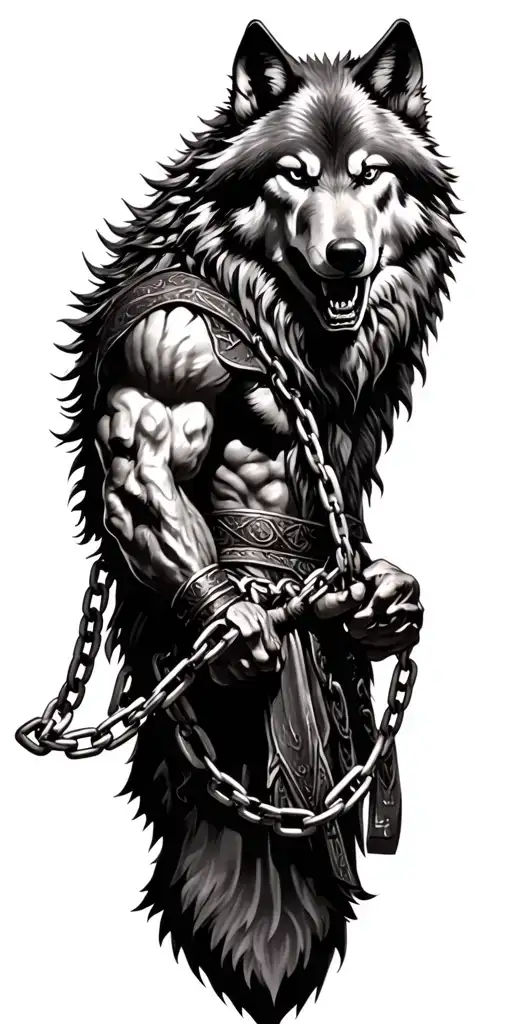 odin god of war holding the chain to fenrir wolf tattoo design idea