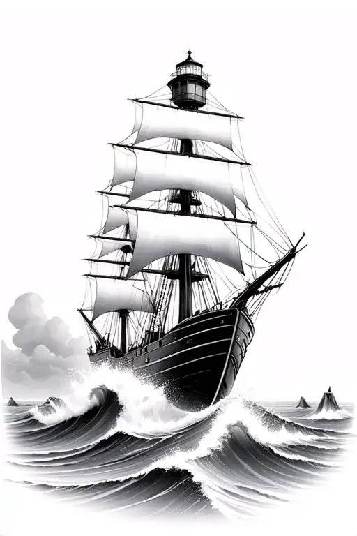 ship beside lighthouse standing tall amidst crashing waves tattoo design idea