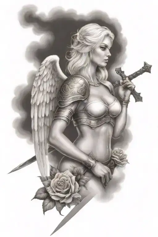 a sexy blond female angel as a warrior with some clouds, a rose and a Cross for a halfsleeve tattoo tattoo design idea
