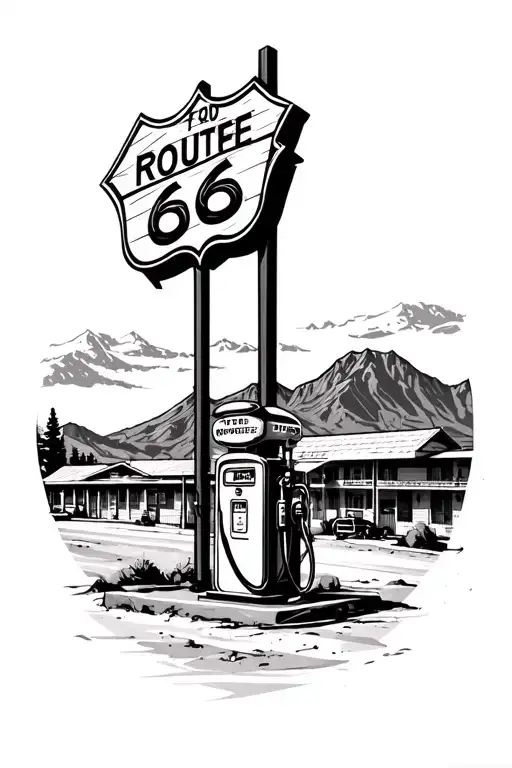 route 66 sign with road old gas pump motel mountain  tattoo design idea