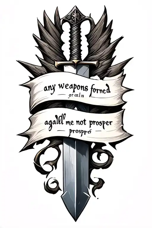 a broken sword with a Bible verse written "any weapons formed against me shall not prosper tattoo design idea