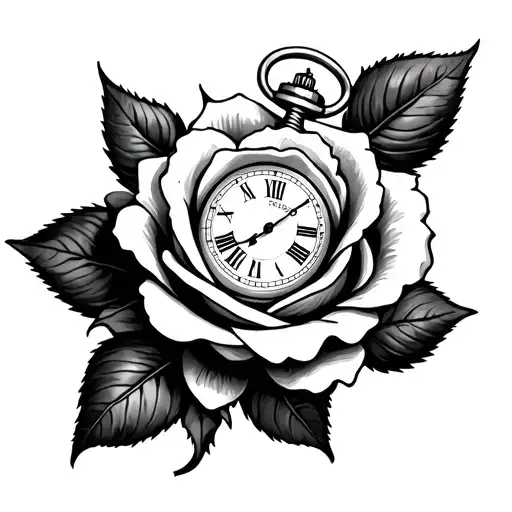 a rose from the top view with a pocket watch in the middle on top of the rose   tattoo design idea