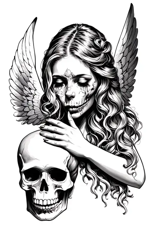 woman angel holding the face of a sad skull tattoo design idea
