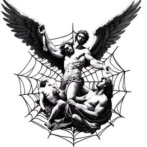 prometheus, eve, socrates, fallen angel, sisyphus, job of the bible in a spider web tattoo design idea