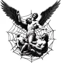 prometheus, eve, socrates, fallen angel, sisyphus, job of the bible in a spider web tattoo design idea