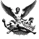 prometheus, eve, socrates, fallen angel, sisyphus, job of the bible in a spider web tattoo design idea