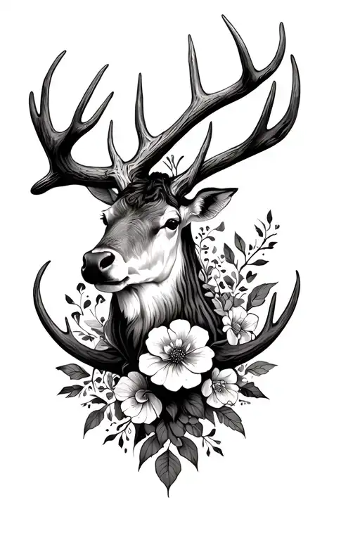 floral back tattoo with moose antler intertwined tattoo design idea