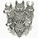 animal totem pole wolf bear stag and owl perched long tattoo design idea