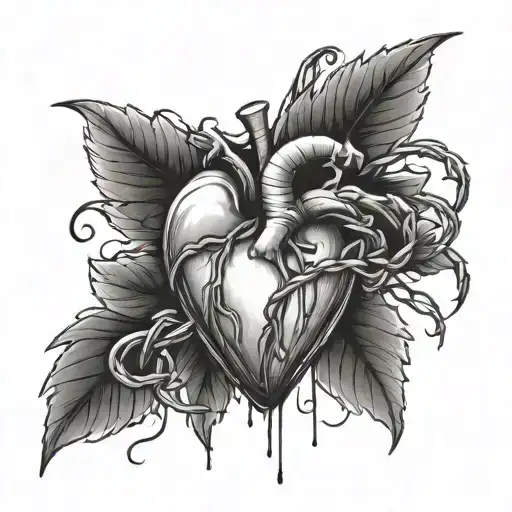 A bleeding heart wrapped in barbed wire black ink tattoo design idea