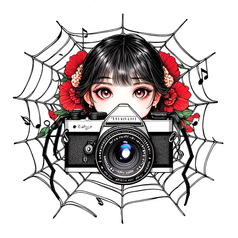 camera and spider web with girl eye surrounded my music tattoo design idea