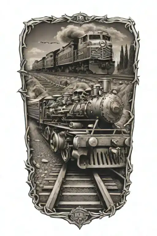 railroad train tracks going into the distance with evil skulls and harley davidson engine parts tattoo design idea