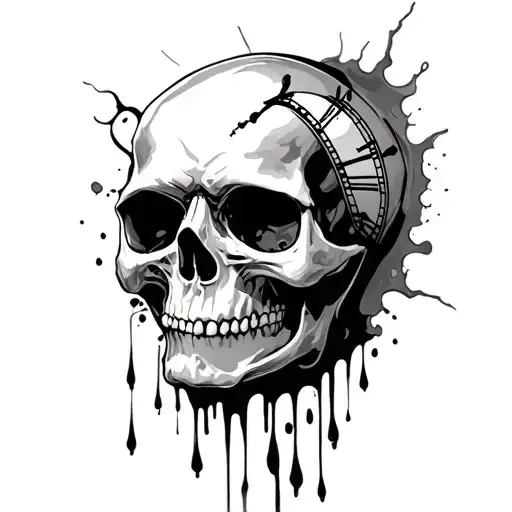 skull with clock melting tattoo design idea