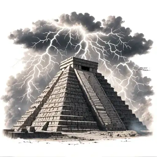 electrical storm at the top of some Aztec pyramids tattoo design idea