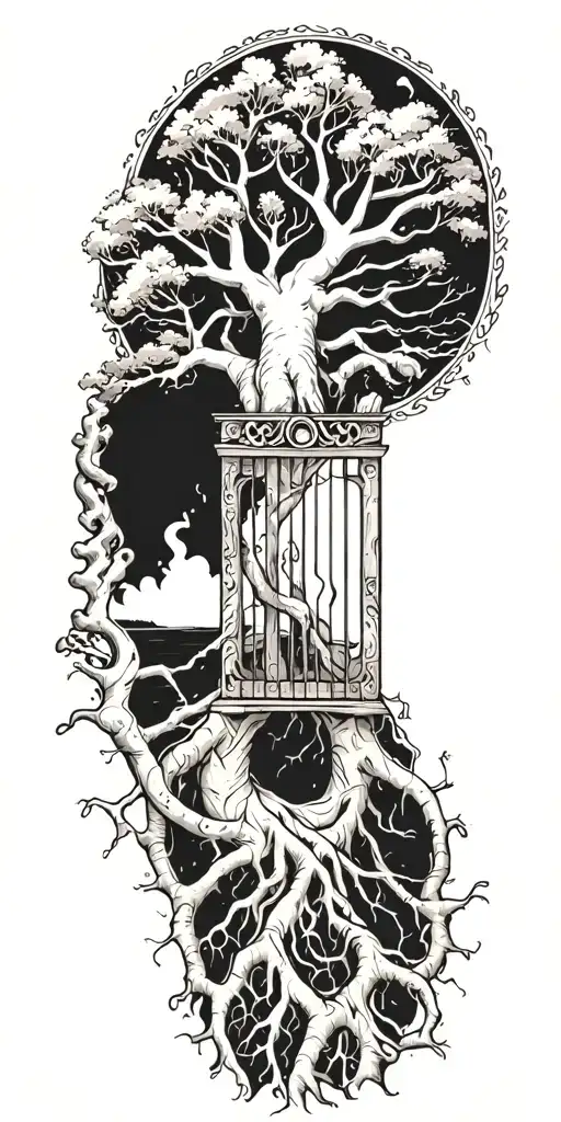 tree of life with gate to heaven on top and roots reaching to hell  tattoo design idea