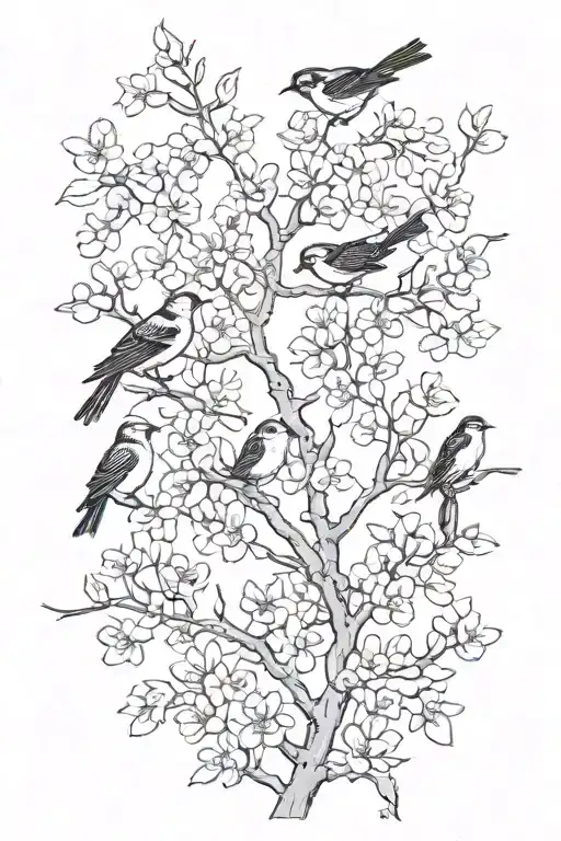 sideways skinny spooky scary cherry branch with minimal blossoms black and grey four solid black birds sitting on branch tattoo design idea