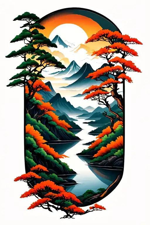 mountain forest with river east asian style tattoo tattoo design idea