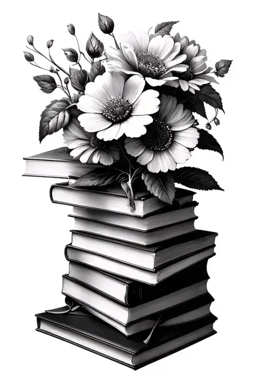 a stack of closed books with flowers being the focal piece growing through and around the books. alot of shading tattoo design idea