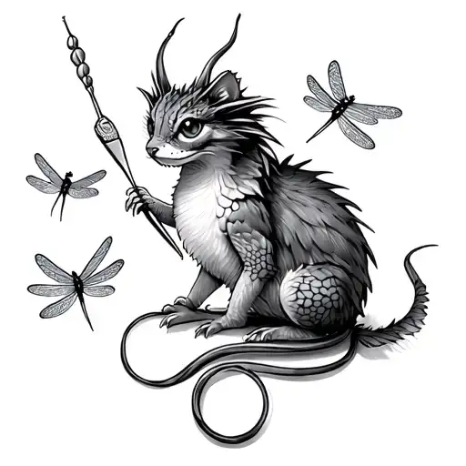 ckey with needle and thread and tiny dragon flies  tattoo design idea