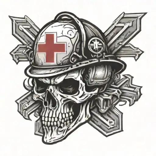 Combat medic skull with red cross helmet adorned tattoo design idea