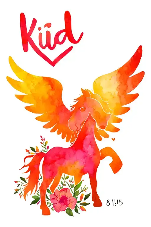 8/15/15, heart with word 'kid' in outline, ford mustang with angel wings, flowers all around tattoo design idea