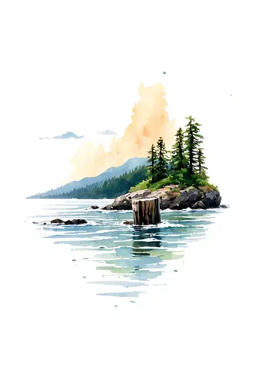british columbia ocean scene with trees and rockiness in the background and a piling sticking out of the water tattoo design idea
