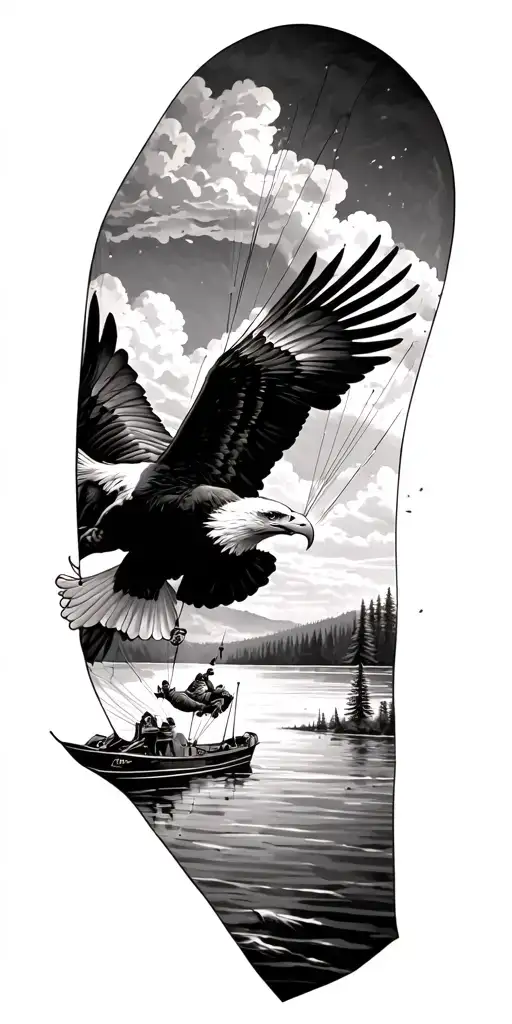 full arm sleeve eagle dropping a skydiver over a lake tattoo design idea