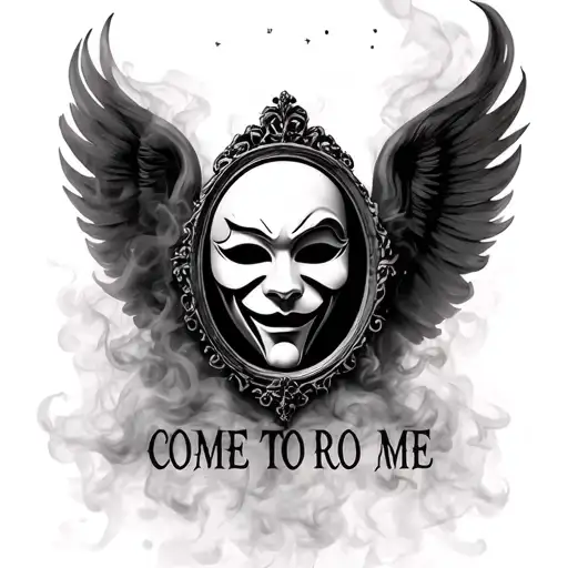 "Come to me angel of music " phantom of the opera mask hidden in a mirror with smoke tattoo design idea
