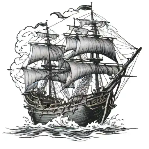 "Create a detailed, realistic image of a pirate ship named 'Black Pearl'. The ship should have large, black sails that a tattoo design idea