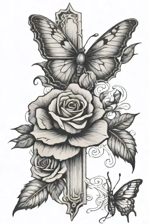 Christian cross, rose flower, butterfly tattoo design idea