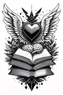 Wings, books, geometric shapes, heart and brain tattoo design idea