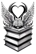 Wings, books, geometric shapes, heart and brain tattoo design idea