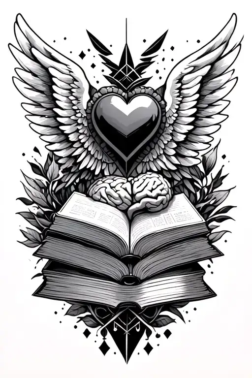 Wings, books, geometric shapes, heart and brain tattoo design idea
