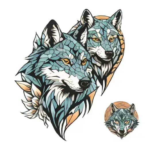 mosaic pattern pack of wolves in the distant mountains tattoo design idea