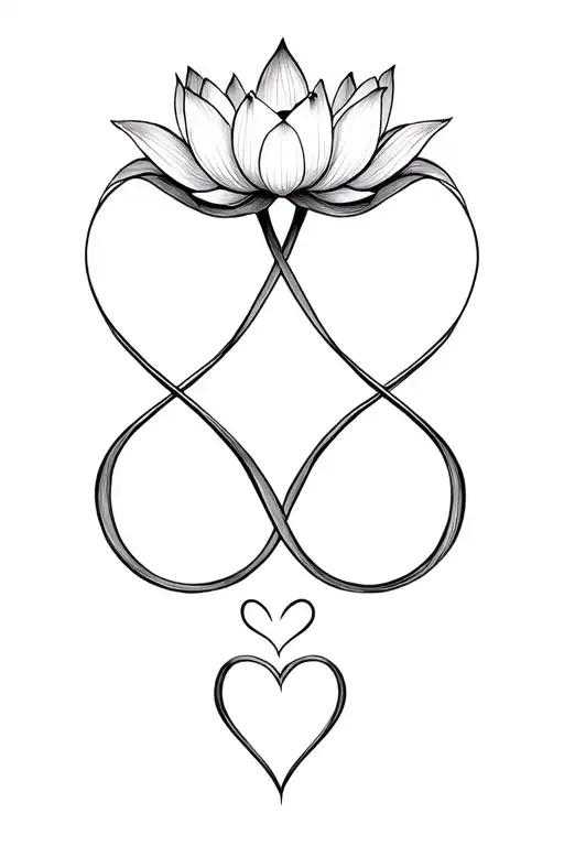 Lotus flower below infinity sign with 3 hearts tattoo design idea