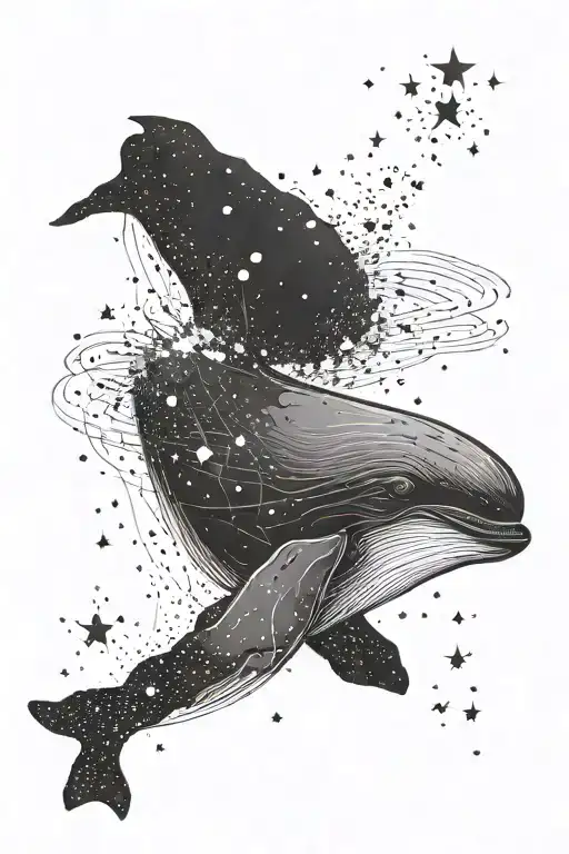 A minimalistic whale diving head-first straight down, with its body silhouetted against a scattering of stars and faint  tattoo design idea
