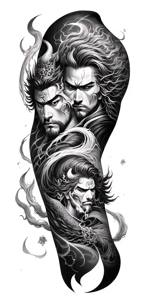 Japanese mythology, Raijin the thundergod and Fujin the windgod, full sleeve wrapped around arm tattoo tattoo design idea
